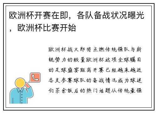 欧洲杯开赛在即，各队备战状况曝光，欧洲杯比赛开始