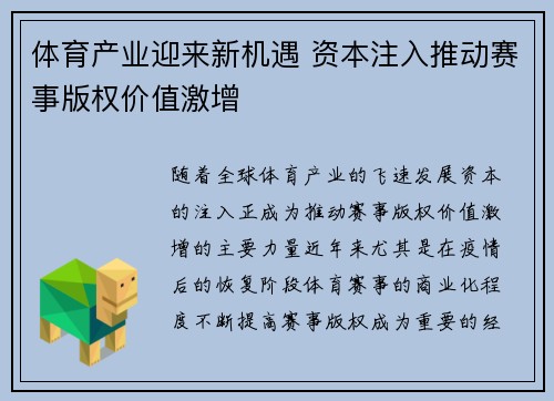 体育产业迎来新机遇 资本注入推动赛事版权价值激增 体育产业迎来新机遇 资本注入推动赛事版权价值激增